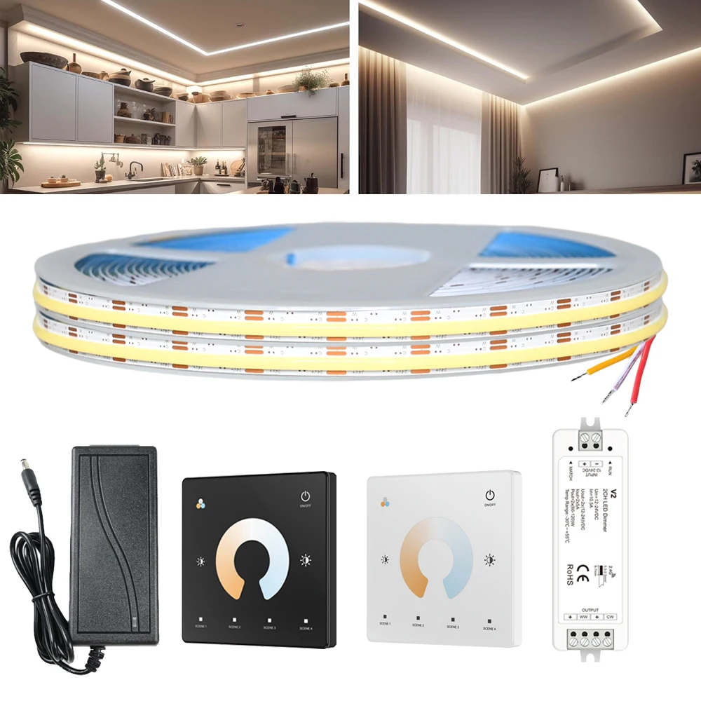 

Светодиодная лента COB CCT 24В, 5м/10м, с сенсорным пультом ДУ, высокой яркости, диммируемая, гибкая, двухцветная (белый свет), для декоративного освещения помещений, 2700-6500K