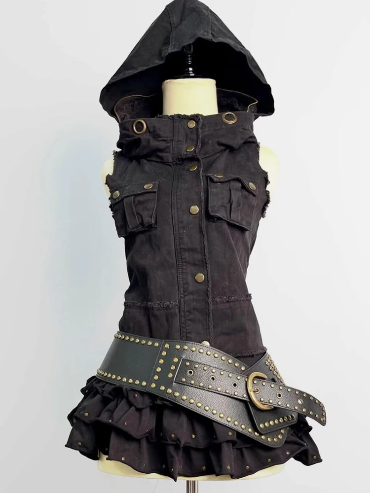 

Slim Fit Black Retro Design Halter Waist Cinched Hoodie Vest Women's Fashion Cool Casual Cotton Blend Outerwear