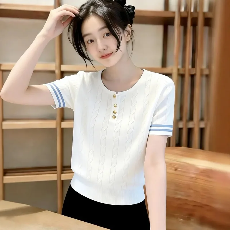 Women's Twisted Cable Knit Round Neck Short Sleeve Top Button Decor Slim Fashion Casual Knit T Shirt