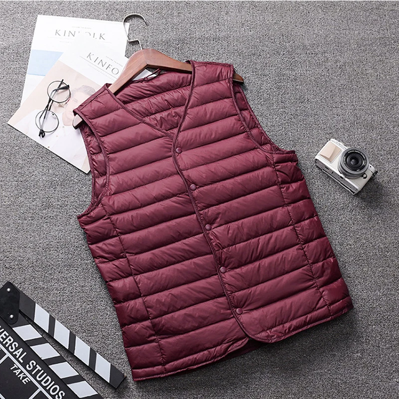 Down vest in stock_Men's light down vest V-neck down jacket waistcoat down lining warm