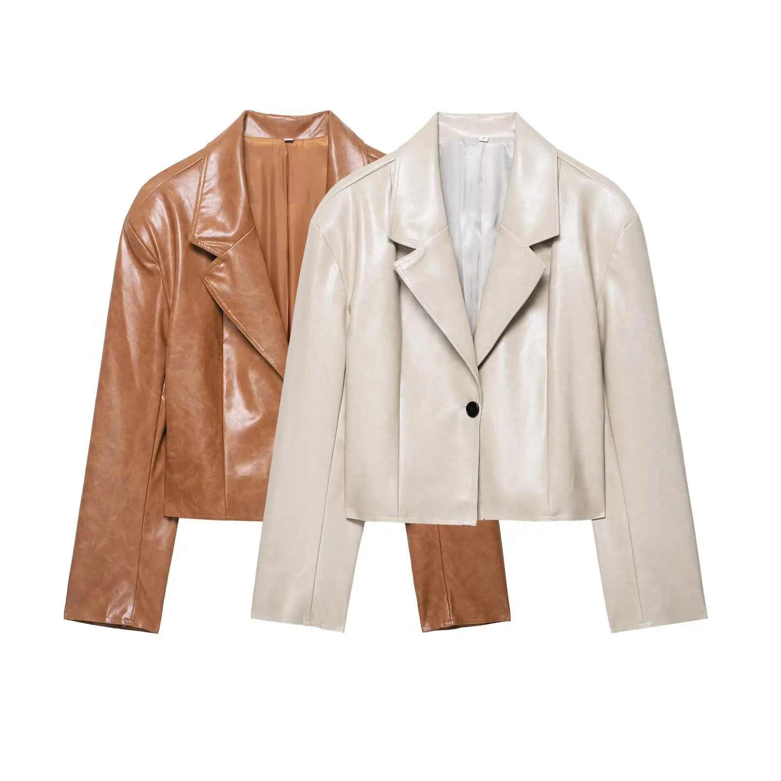 

KIDCRKJ Auutmn Women's Leather Jacket Tunr Down Collar Single Button Spliced Coat For Female High Street Lady's Bomber Outwear