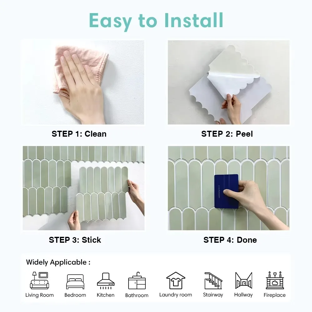 3D Fish Scale Tile Sticker, Self-adhesive 3D Green Tile Backsplash for Kitchen Bathroom, Water Mold Resistant