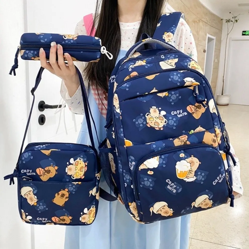 

3Pcs/set Lovely Cartoon Capybara Backpack Large Capacity Nylon Students Schoolbag with Tote and Pouch Lightweight Animal Daypack