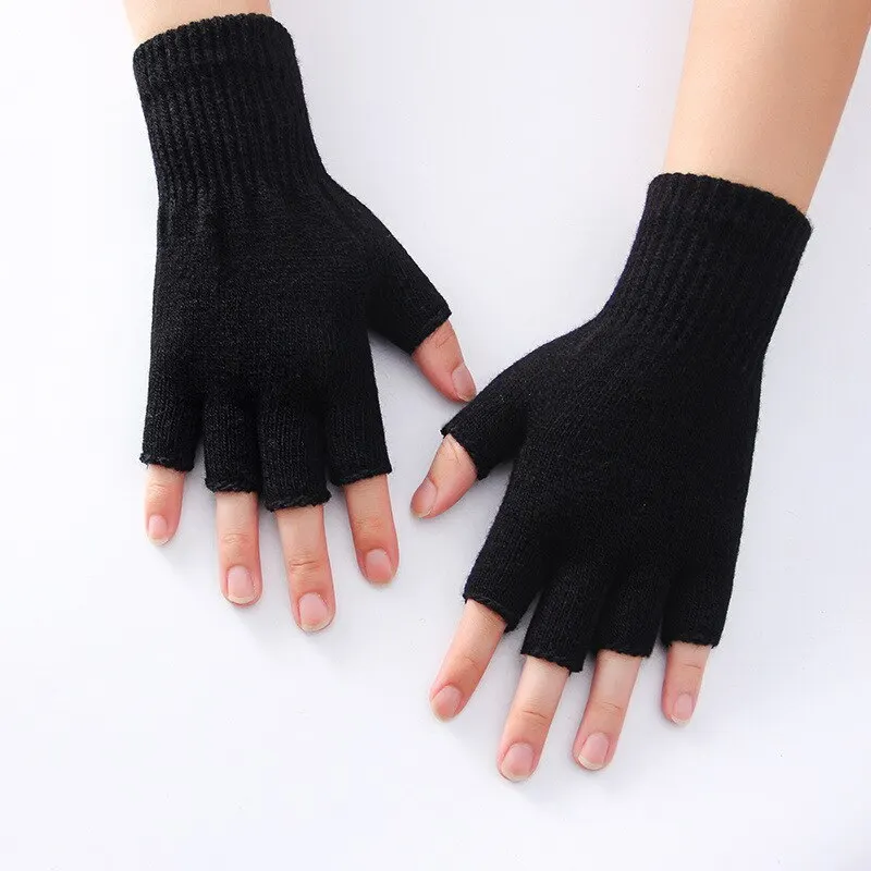 1Pair Black Half Finger Fingerless Gloves For Women And Men Wool Knit Wrist Cotton Gloves Winter Warm Workout Gloves