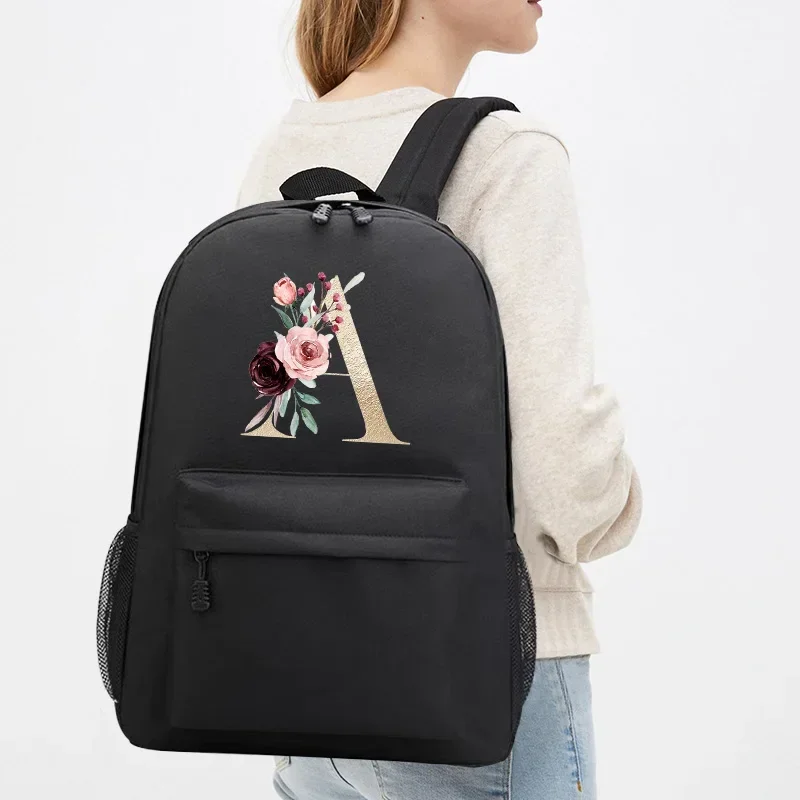 Sac à dos imprimé lettre dorée pour femmes et hommes, sac à dos scolaire pour filles, sac pour ordinateur portable de grande capacité, sac de sport de voyage portable, nouveau