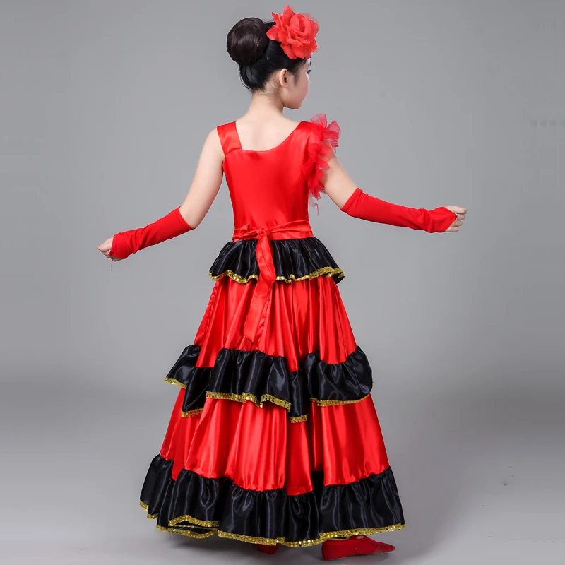 2023 New Spanish Costume Girl Long Red Flamenco Dress Costumes for Kids Clothes Ballroom Skirt for Girls Child Dance Dresses