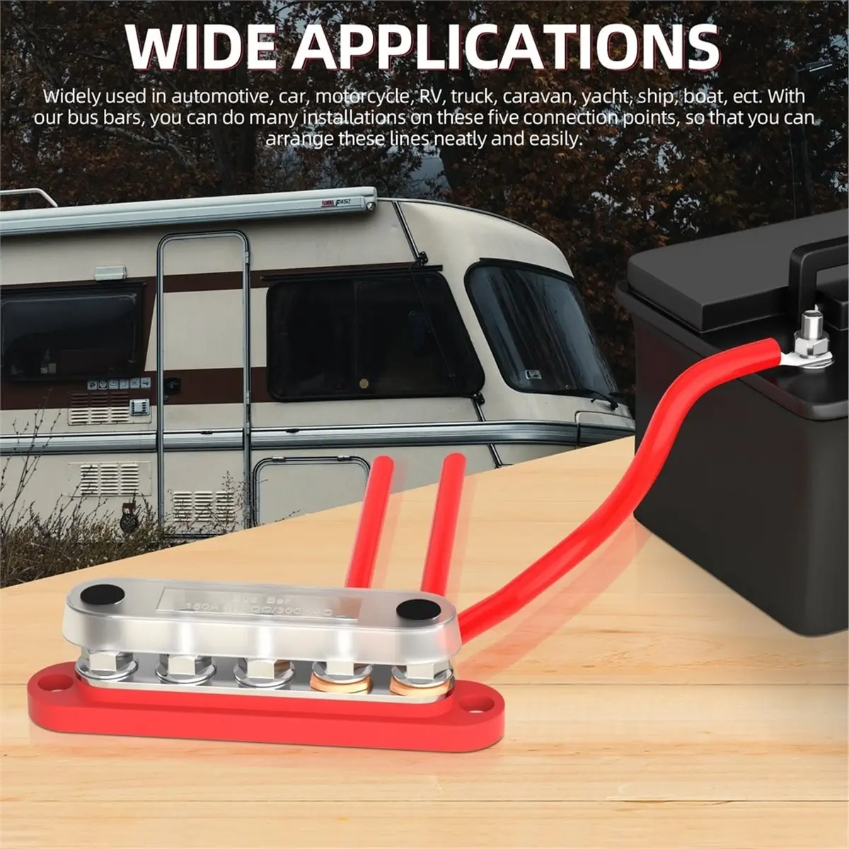 Bus Bar 12V Power Distribution Block with Cover 5 X 1/4
