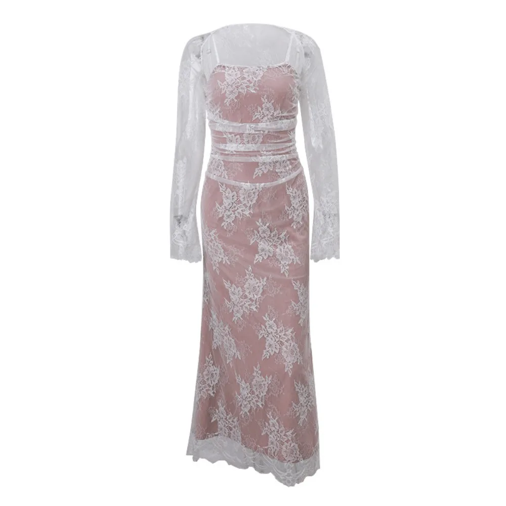 Elegant Square Collar Lace Dress Slim Flower Long Sleeve Slip Dresses Detachable White Bodycon Dress Date