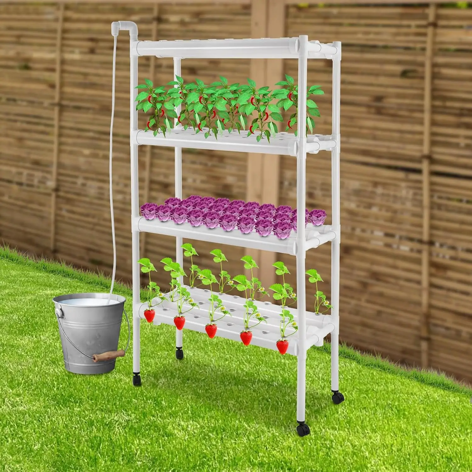 108 Plant Spots Hydroponic Growing System Water Pump Timer 4 Layers Vegetable Kit Wheels Food Grade PVC U Pipes Fruits Vegetable