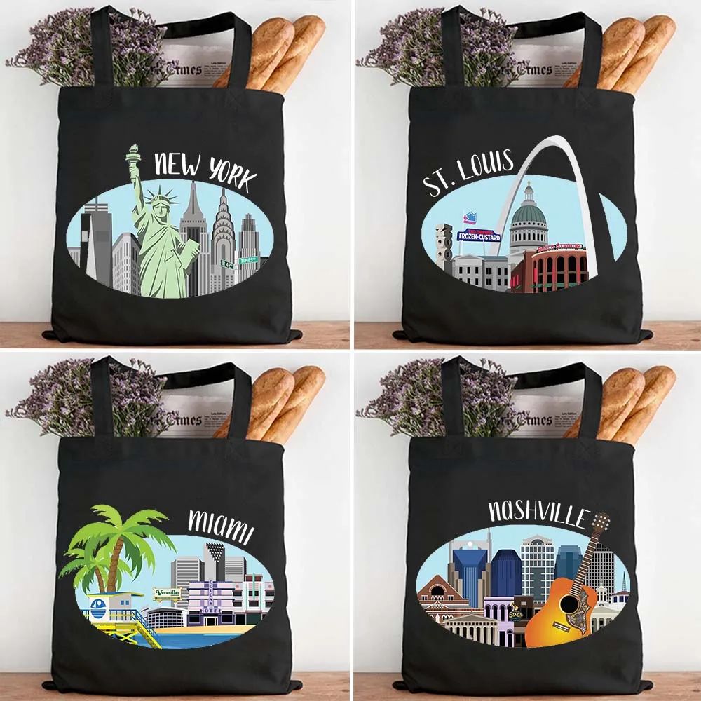 New York Chicago Miami DC Nashville City Skyline Illustrazione Borsa shopper in tela da donna in cotone Borsa shopping Borse a tracolla