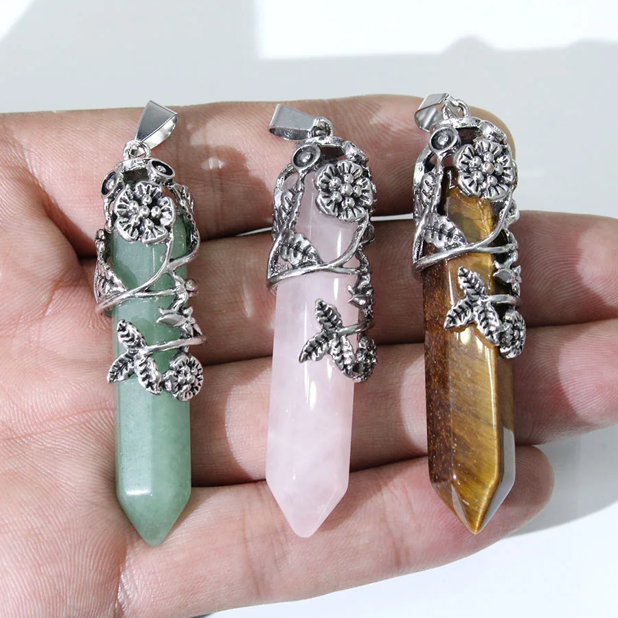 6 خمر سبائك زهر البرقوق الحجر الطبيعي سداسية العمود المعلقات DIY بها بنفسك شقرا مجوهرات و البندول اكسسوارات بالجملة