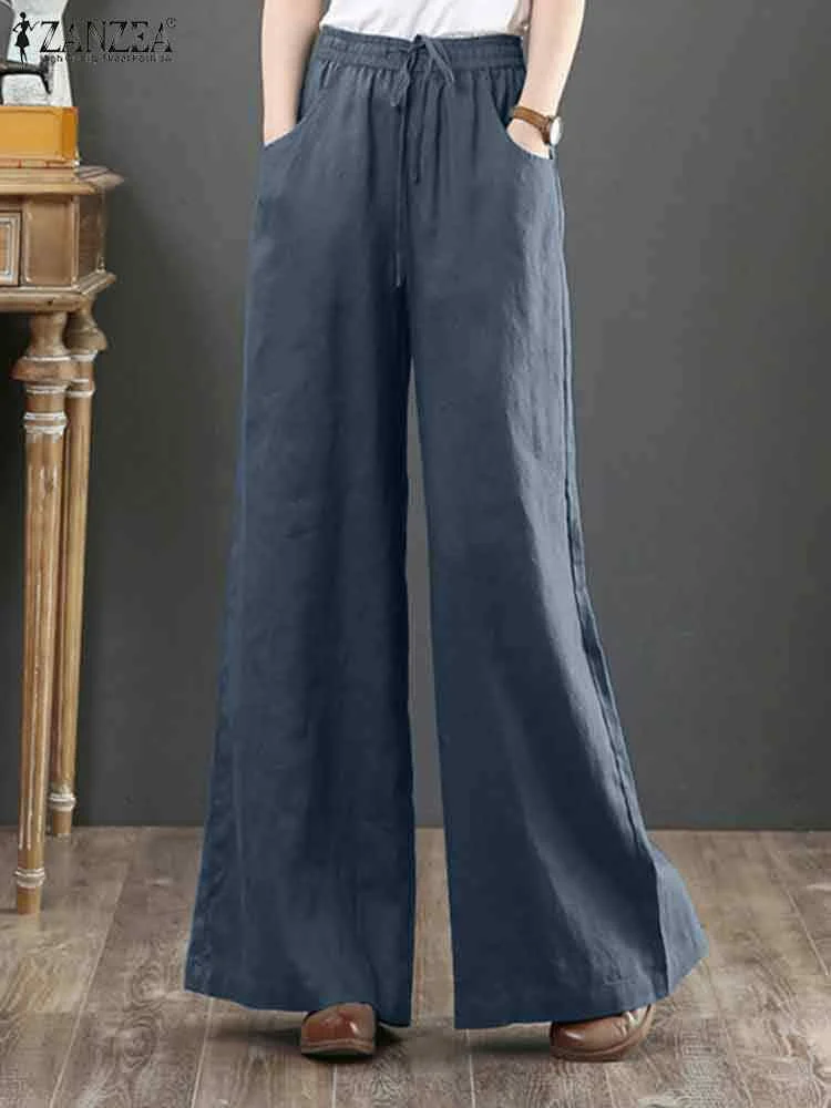 Spring Summer 2023 ZANZEA Women Wide Leg Pants Elegant High Waist Solid Flare Pant Casual Loose Long Trouser Pantalon Streetwear