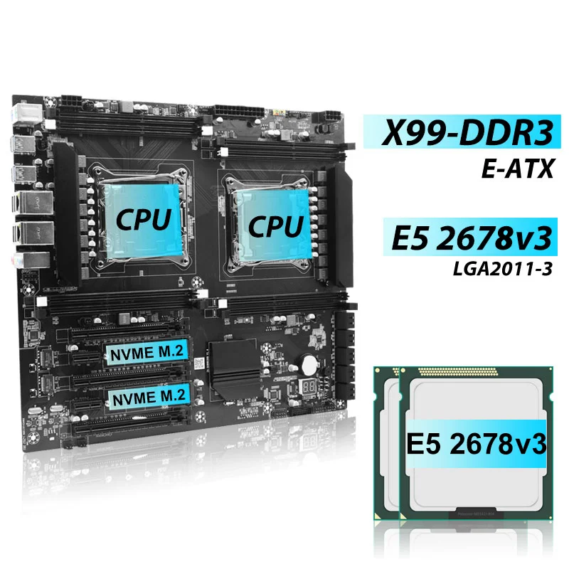 x99 ddr3 motherboard dual cpu with intel xeon E5 2678 V3 E-ATX DDR3 for Dual Ethernet ports, studio, gaming motherboard combo