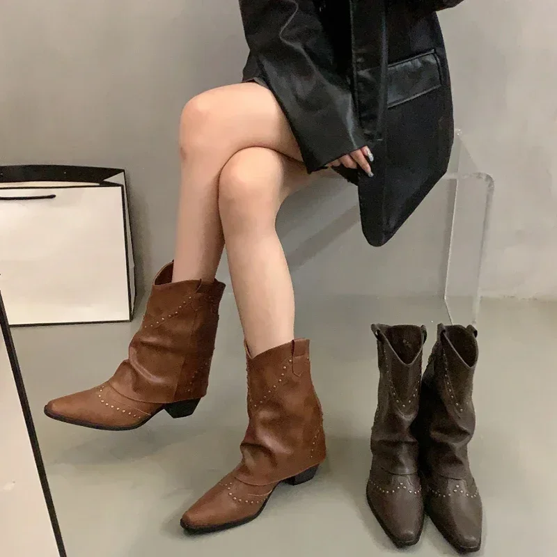 Autumn Winter Women Trouser Short Boots Retro Style Western Knight Booties Pointed Toe Square Heels Female Shoes