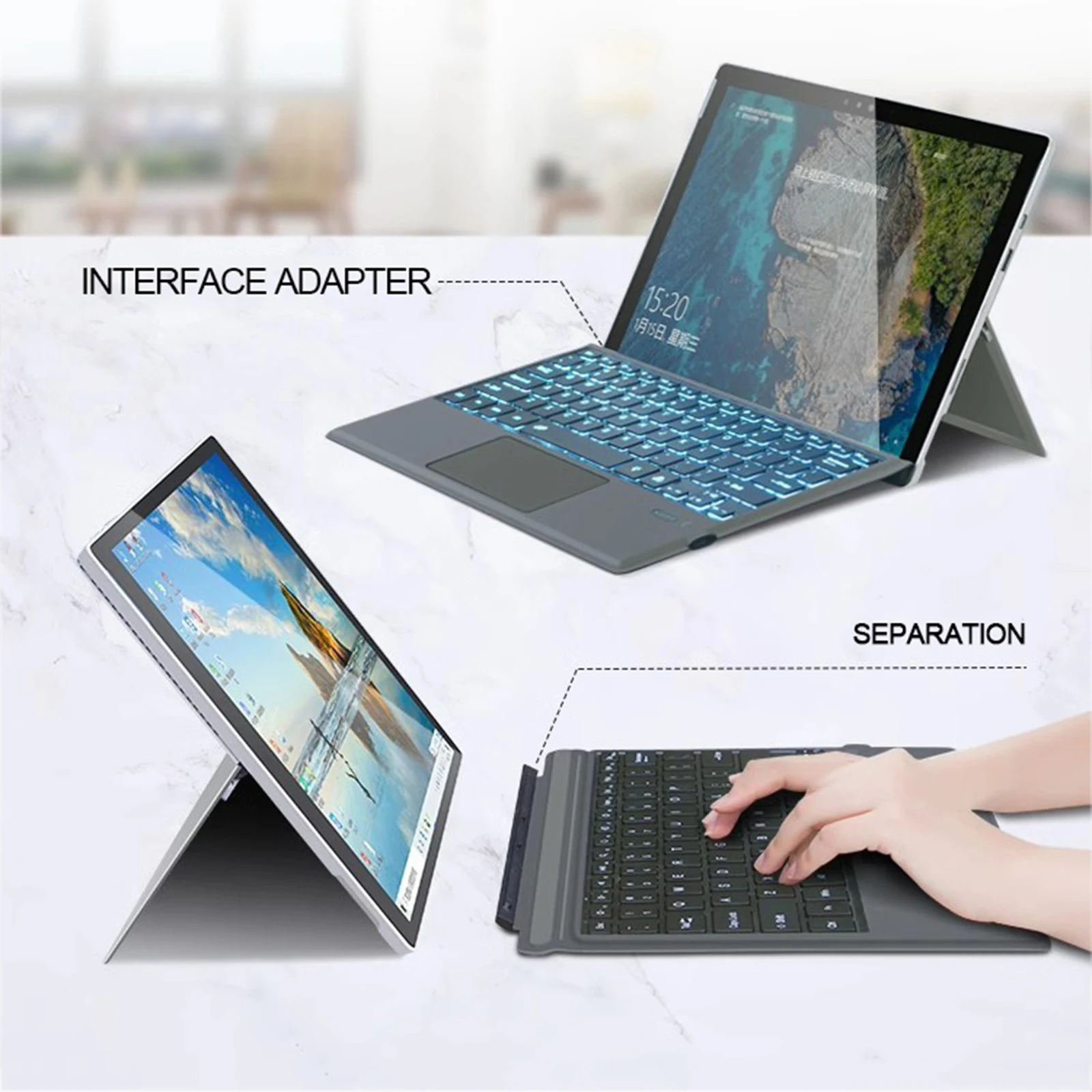 Touchpad-Tastatur für Microsoft Surface Pro 3, 4, 5, 6, 7, 12,3-Zoll-Tablets, magnetische Präzisionsschnittstelle, ultradünne Tragbarkeit