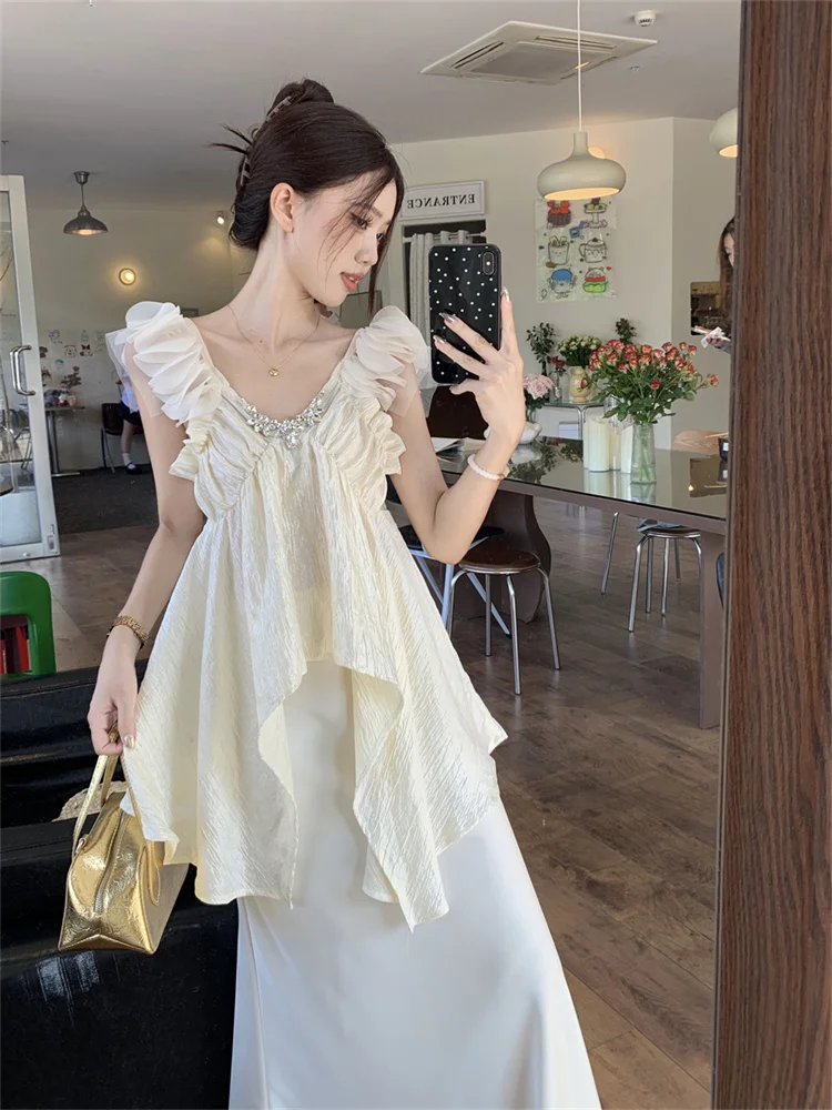 

French Style V-neck Sleeveless Shirt for Women Summer Loose Diamond Pleated Ruffles Irregular Blouse Chic Backless Apricot Top