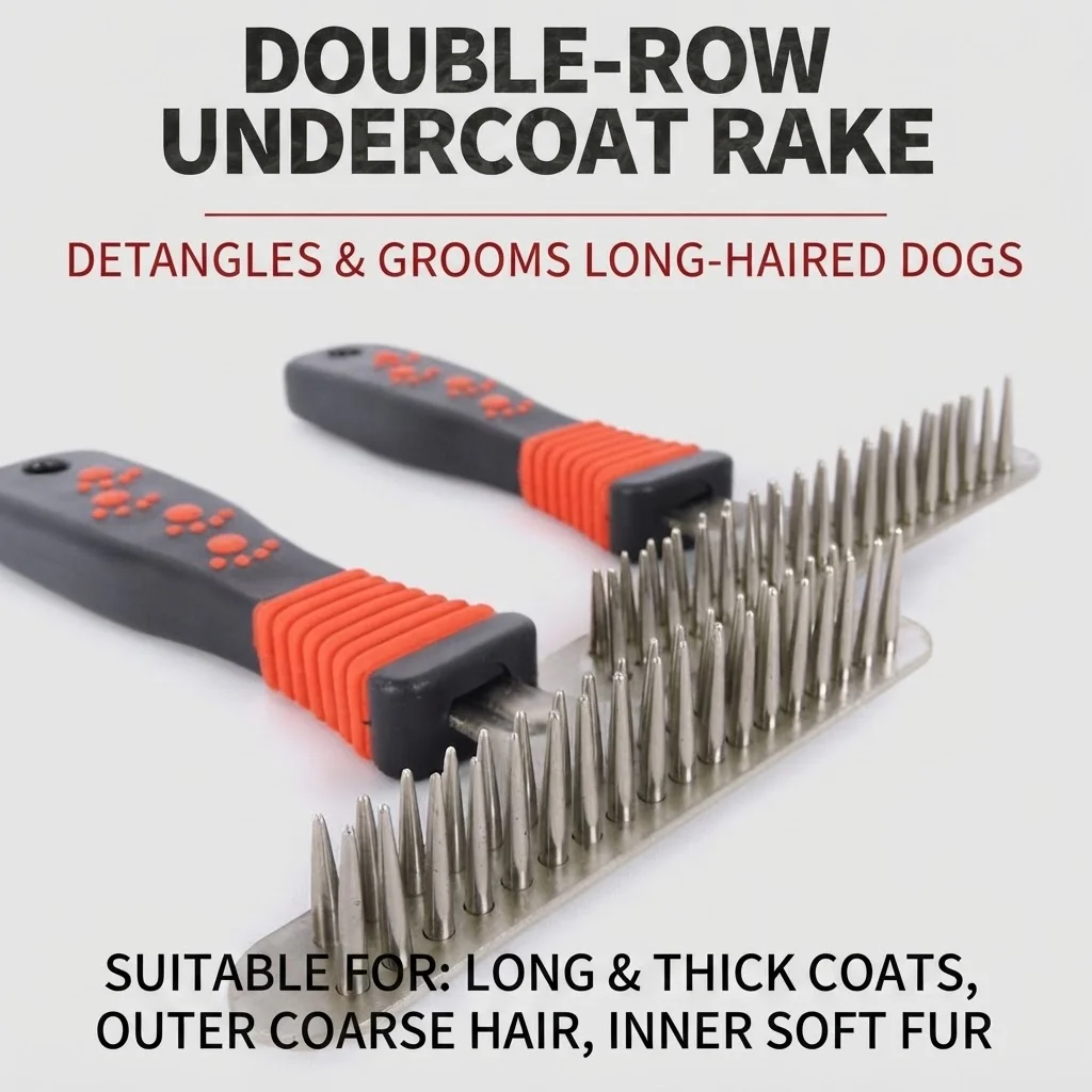 Dog Comb Deshedding Detangling Comb Double Row Grooming Rake for Long Haired Medium Large Breeds Pet Hair Brush Cleaning Tool