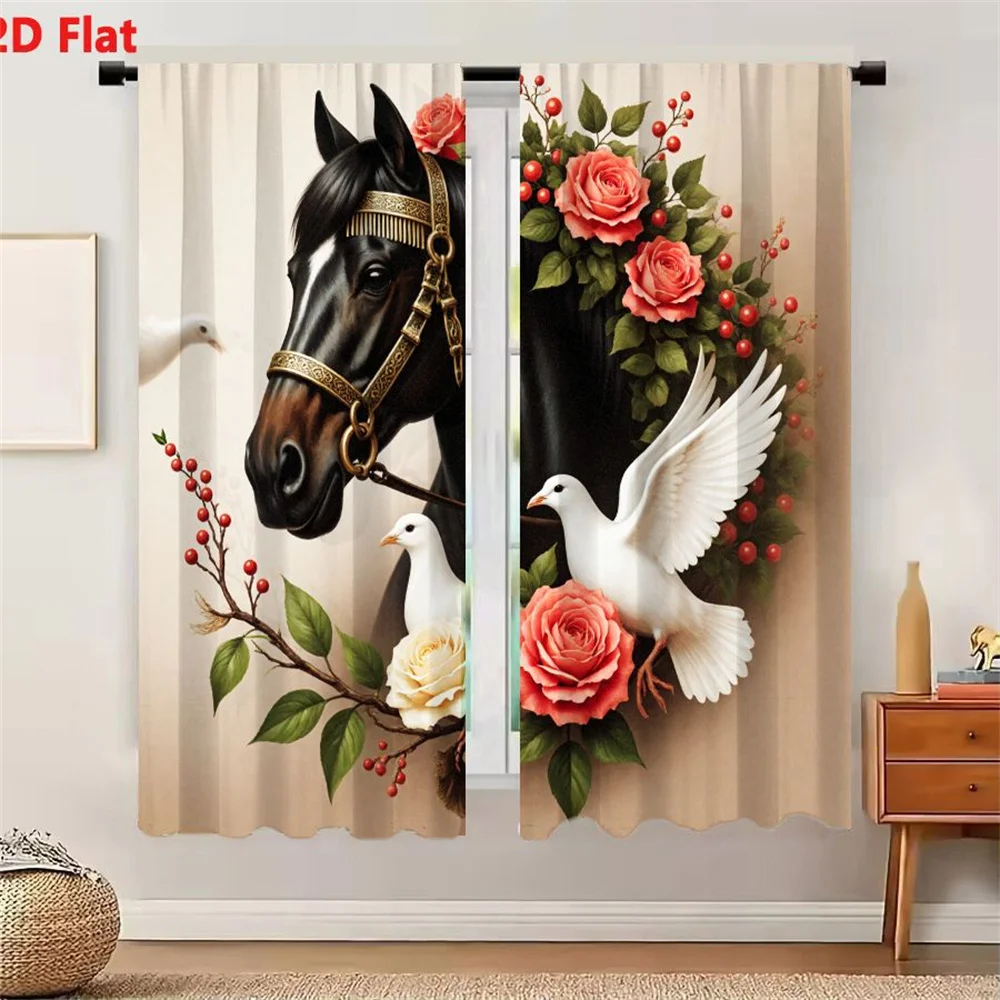 2Pcs Curtains 2D Flat Artistic Illustration Of A Black Horse With Golden Bridle White Blaze Dark Mane Surrounded By Pink White R