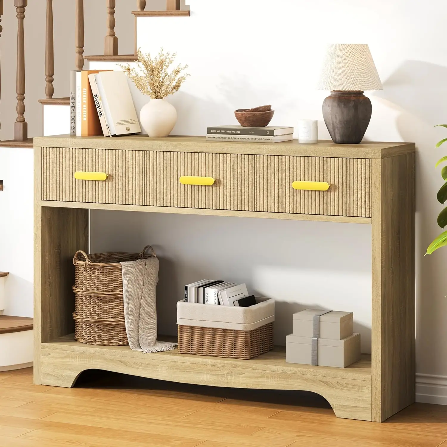 

Table with Drawers, 47 Fluted Narrow Console Table with 3 Drawers and Open Storage Shelf, Long Sofa Tables Modern Behin