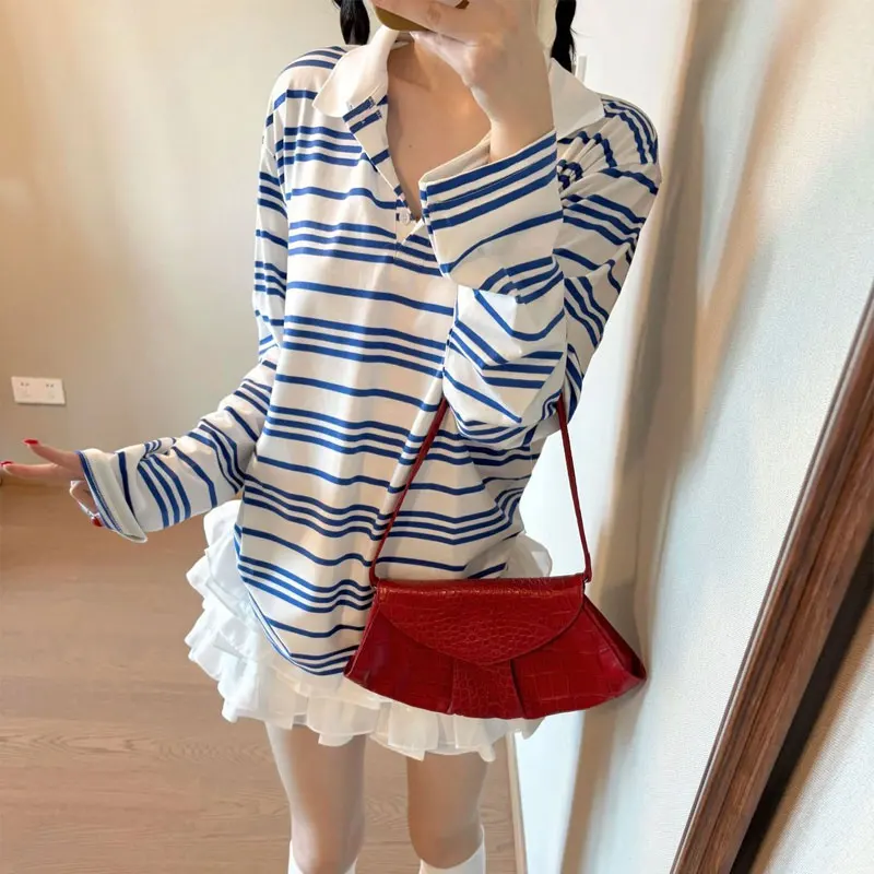 

Women's Clothing Blue White Striped T-shirts Korean Loose Spring Autumn New Contrasting Colors Polo-Neck Button Casual Pullovers