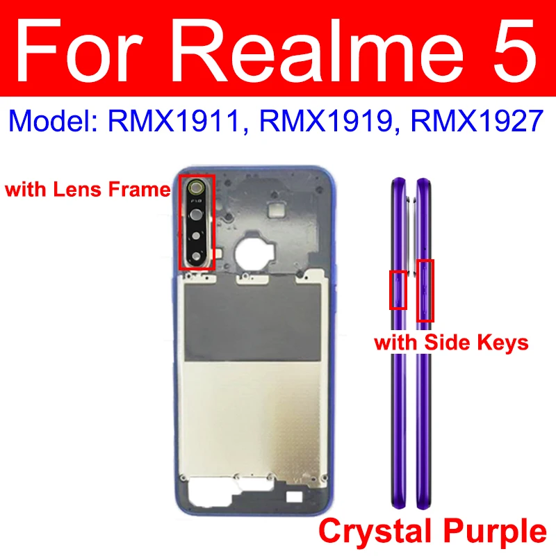 Realme 3 Pro 5 5S 5i 6i 7i 용 미들 하우징, 미들 홀더 프레임 베젤 커버, 측면 단추 렌즈 커버 부품