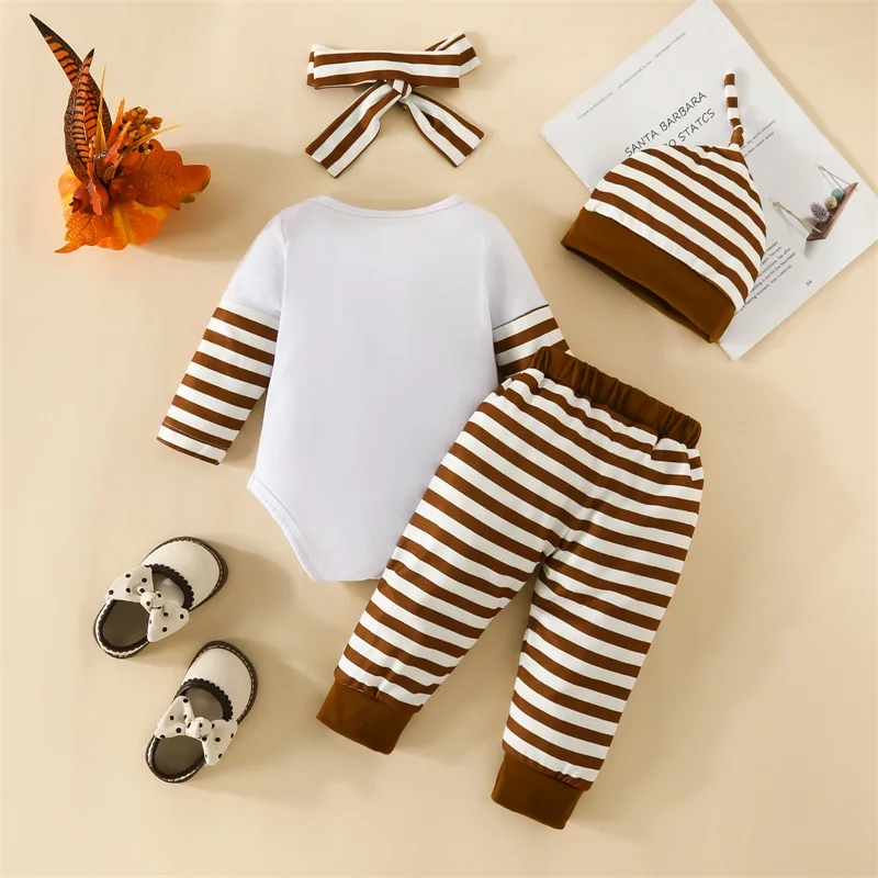 Infant 3 Piece Clothing Set Autumn Harvest Theme Bodysuit Pants Cap Headwrap Thanksgiving Day Outfit for Baby Boy Girl