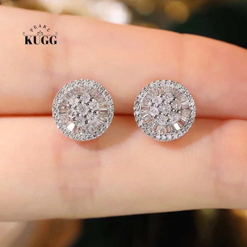 KUGG 100% 18K White Gold Earrings Shiny Round Shape 0.90carat Real Natural Diamond Stud Earrings for Women High Wedding Jewelry