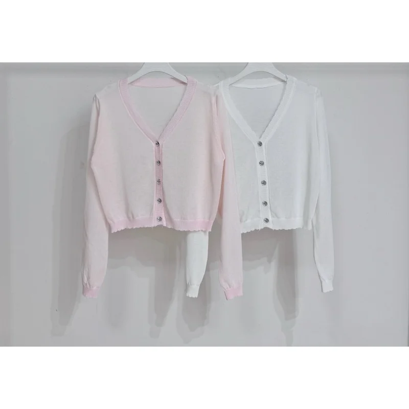 

Korean-style elegant long-sleeve knit cardigan,row of rhinestone buttons,versatile for sun protection air-conditioned rooms