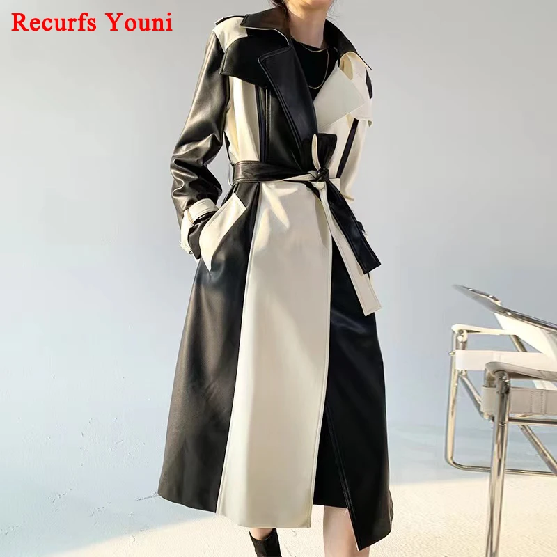 Trench in pelle per donna 2024 donna inverno nero bianco impiombato lungo frangivento Streetwear cintura con risvolto grande Abrigos Largos