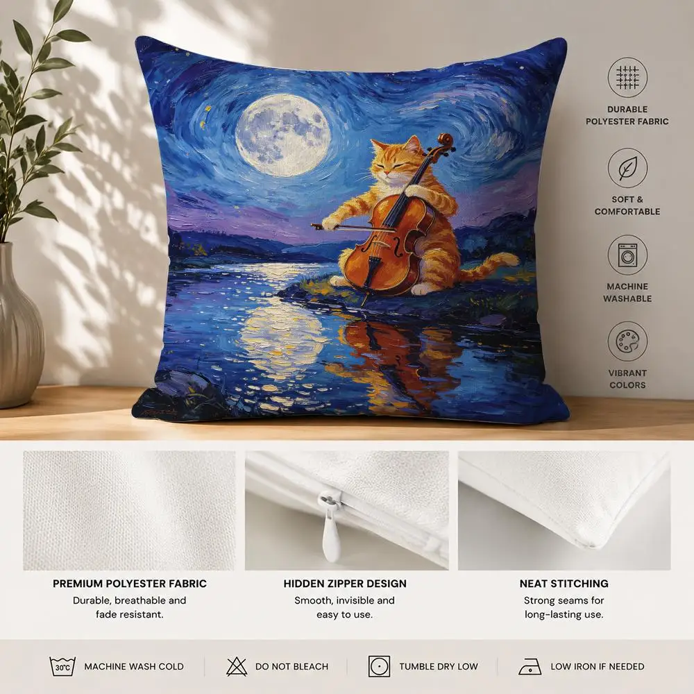 Van Gogh Starry Sky Cat Playing Cushion Cover 40x40cm Square Decorative Sofa Cushion Cover Bedroom Living Room Home Decor Gift