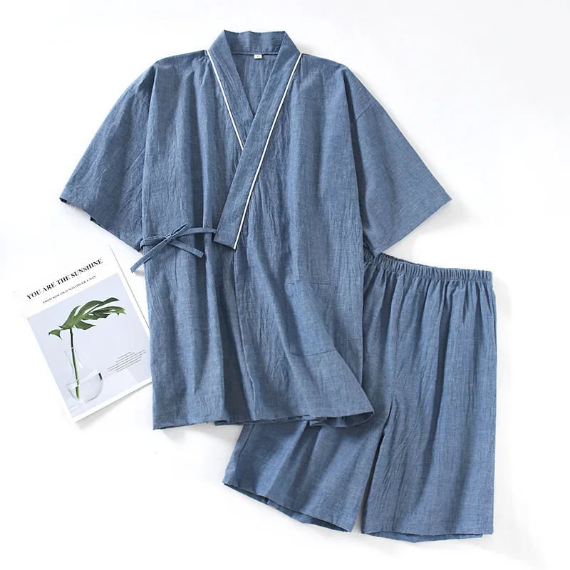 Conjunto de pijamas de linho e algodão para casais, estilo japonês, quimono yukata, roupão e shorts, hanfu chinês