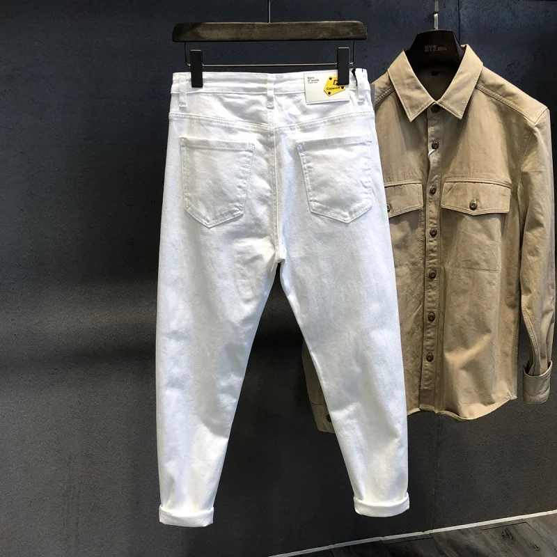 Spring Luxury High Quality White Split Jeans Men'S Slim Fit Straight Leg Fashion Leisure Elastic Cotton Street Denim Pants
