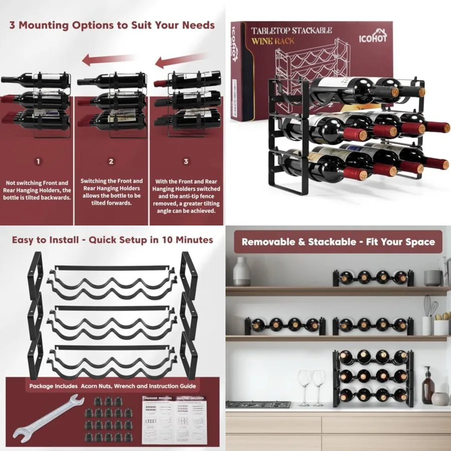 

Stackable Wine Rack Countertop, Sturdy Bottle Holder Freestanding for Cabinet, Small Tabletop Wine Holder Stand, Wire Bottle Ra
