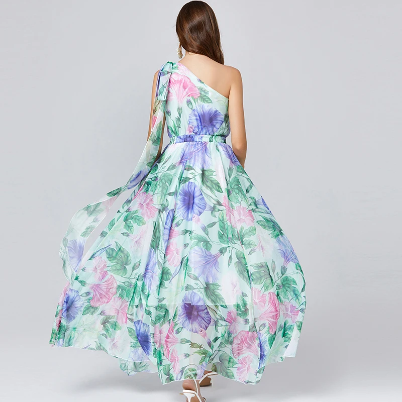 JAMERARY Summer Holiday Floral Maxi Chiffon Dress Women One Shoulder Sexy Print A Line Pleated Elastic Waist Long Vestidos