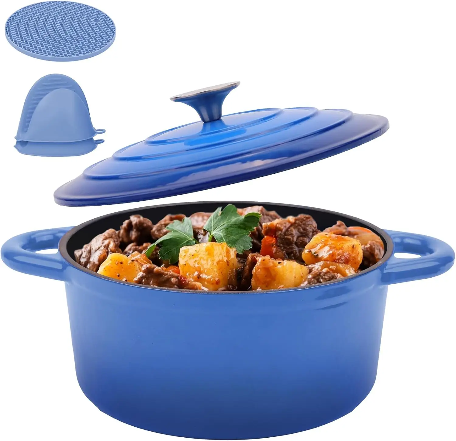 

Эмалированная чугунная голландская духовка 6QT с крышкой и силиконовыми аксессуарами, круглая голландская духовка с крышкой и двумя ручками, безопасная в духовке до 5 лет