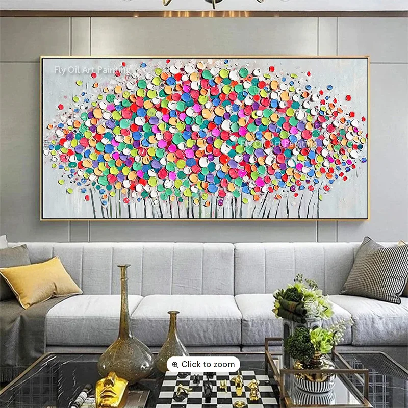 Handpainted Colorful Points Abstract Knife Thick Oil Painting New Artwork Purple Flowers Canvas Wall Art Decor For Home