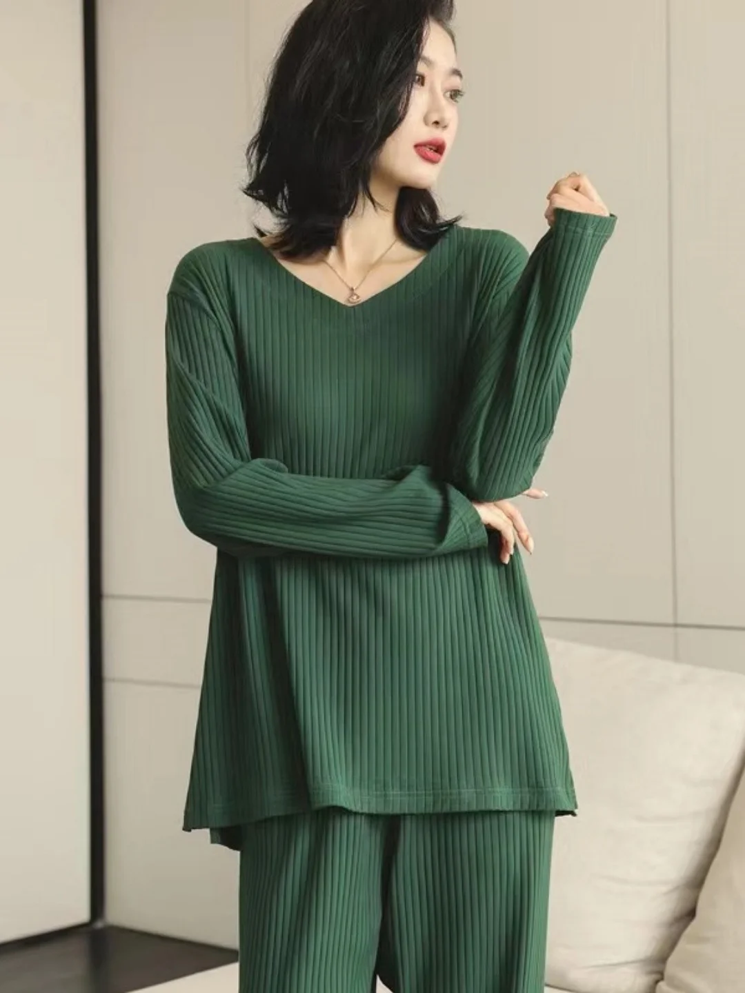 Comfortable V-Neck Long Sleeve Pants Set Women's Lazy Style Sleepwear Outerwear Suitable plus Size Straight Leg Home Clothes
