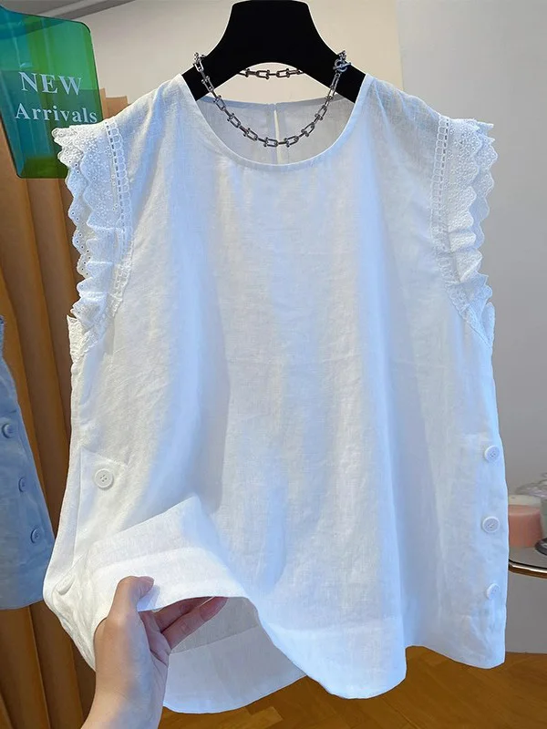 

Lace Splicing Linen Svel irt Women Summer New Loose Faion Cotton Linen Small Flng Sve Top European Sle