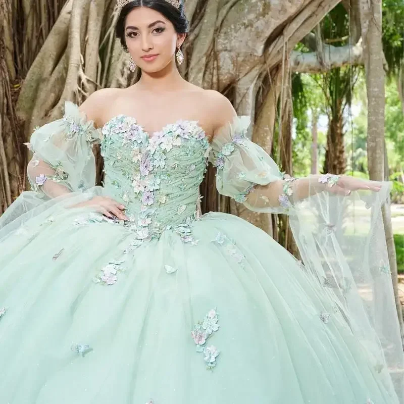 Vintage bunga 3D Mint hijau Quinceanera gaun dengan Cape bola gaun korset pesta putri Vestidos De quinceaorera Custom