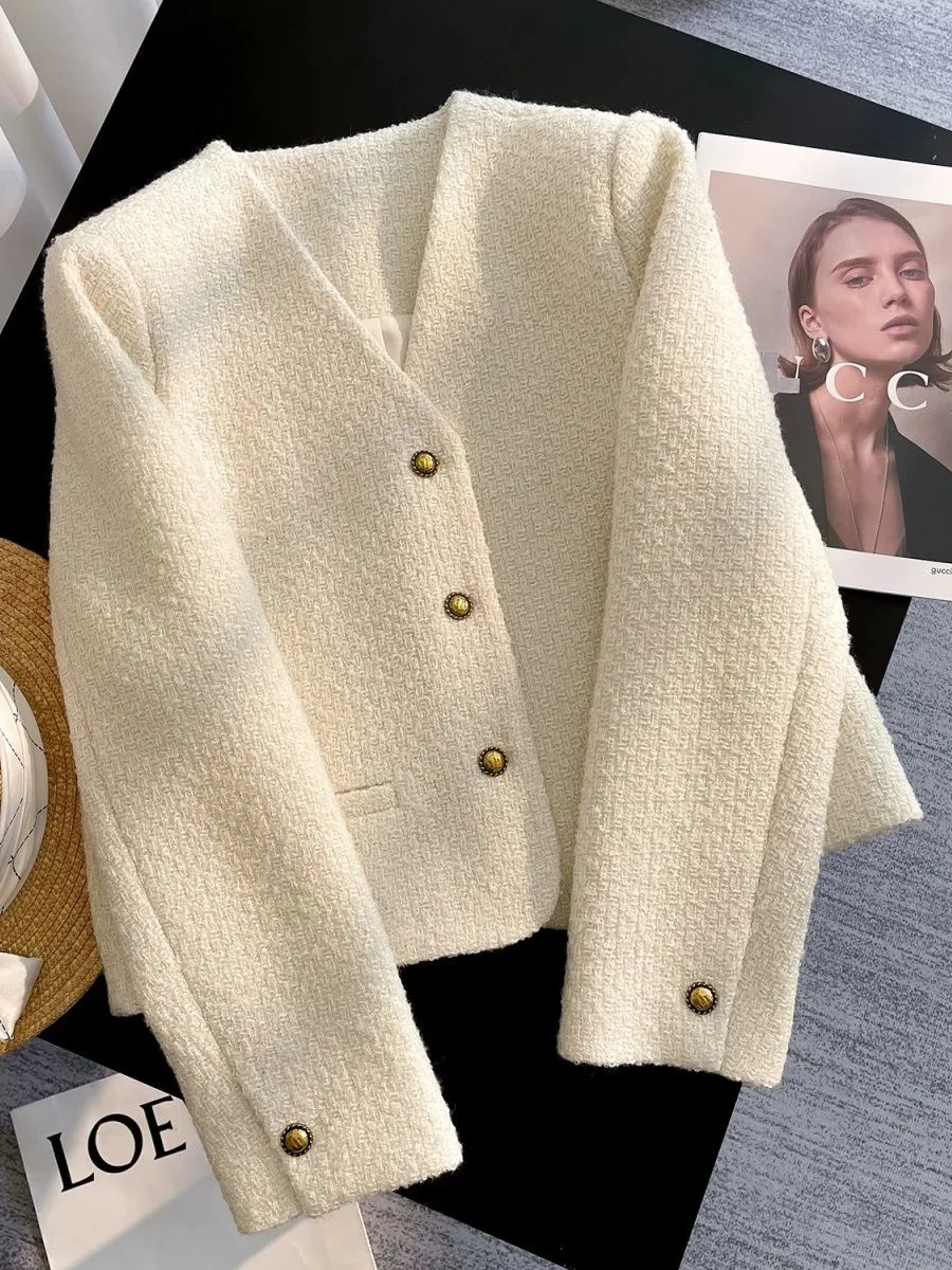 

Vintage French Style Tweed Jacket Women Streetwear Woven Luxury Oversized Blazer Spring Autumn Chic Long Sleeve Short Coat