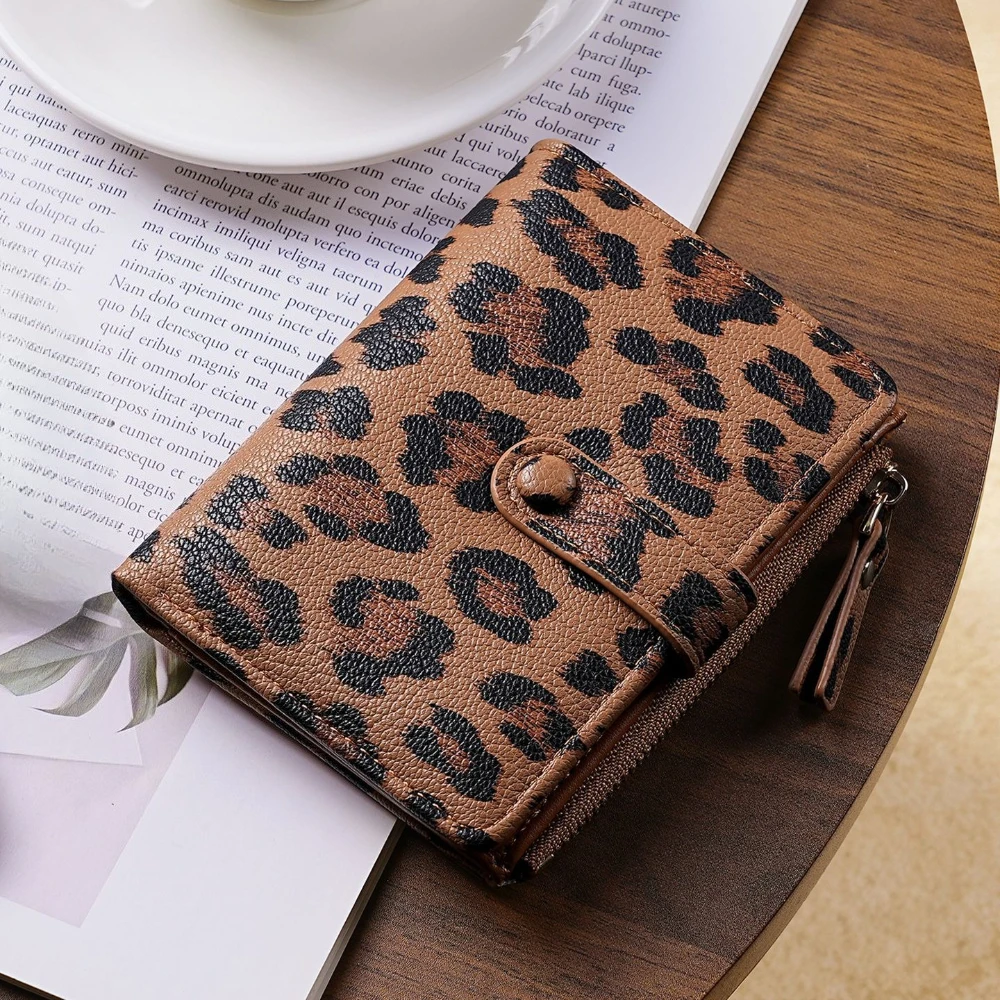 Korean Style Women Leopard Short Wallet PU Leather Card Holder Women Clutch Bag Large-capacity Multi-card Slot Wallet