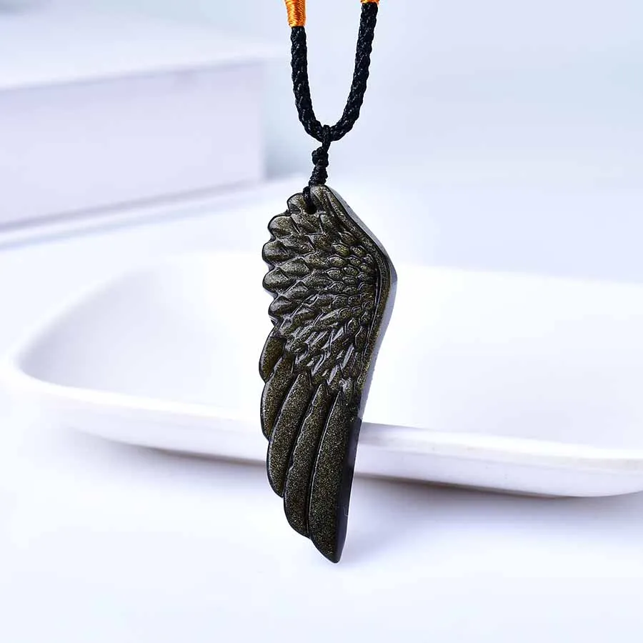 1PC Natural Obsidian Angel Wings Stone Pendant Wings Shape Polished Healing Energy Stone Increase charm Unisex Jewelry DIY Gift