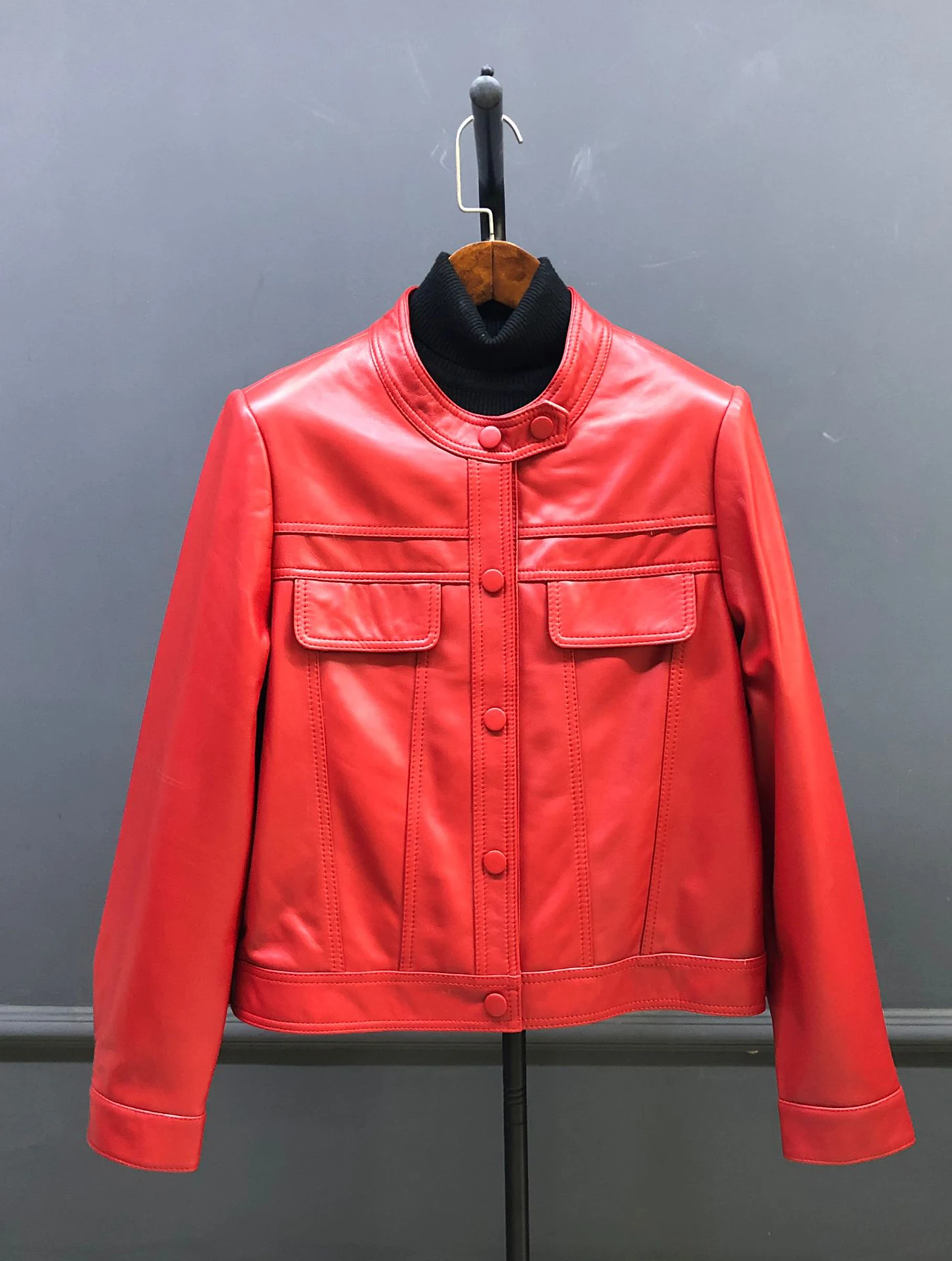 ort Echt leer van eepskin-leer Jaet Casual motorfiets-bovenkleding voor dames, losse afslankende top met opstaande kraag en ritssluiting