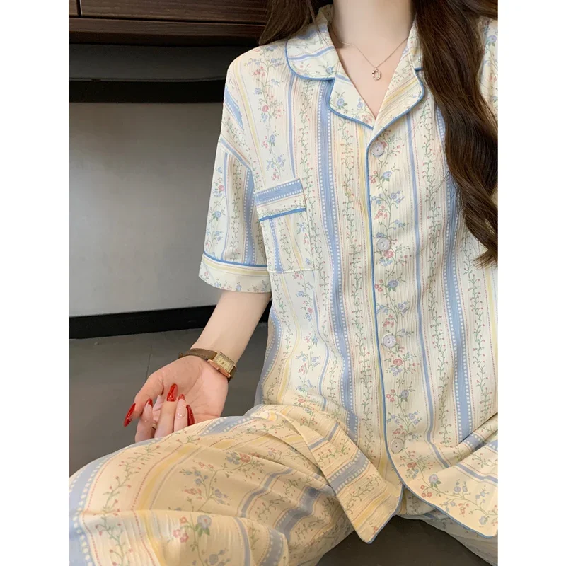 Wind Striped Sweet Small Floral Wrinkled Fabric Short Sleeved Pants Pajama Set Spring and Fall Women's Sleepwear Homewear