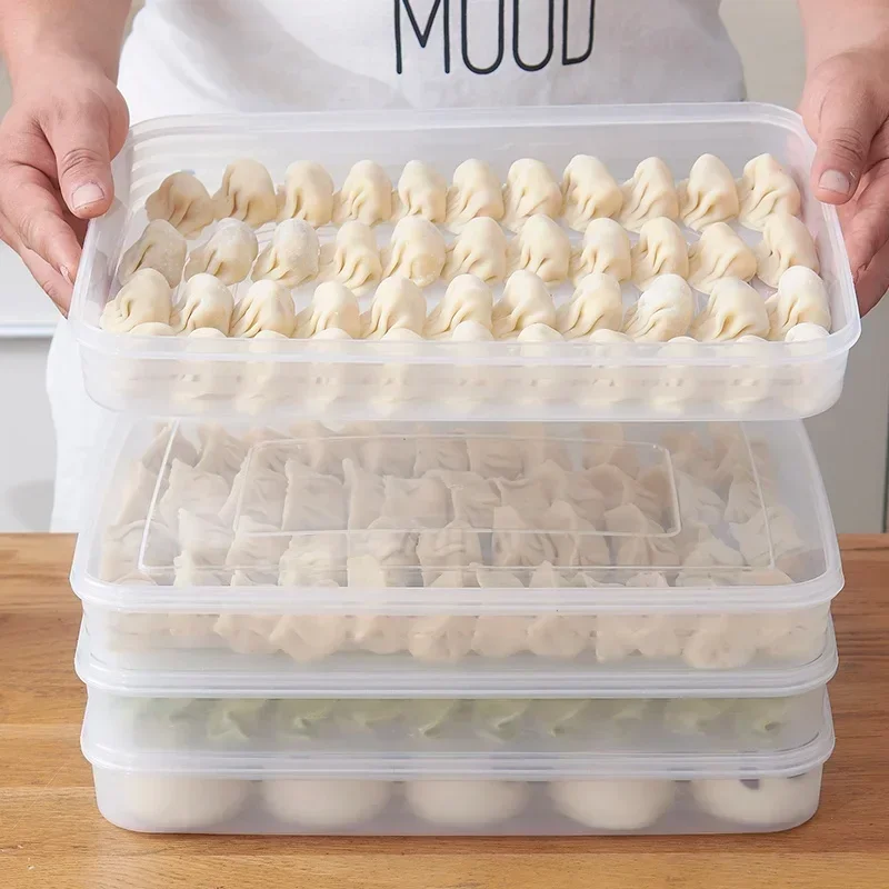 Caja de almacenamiento de plástico transparente para refrigerador, contenedor de alimentos de 2 niveles para dumplings, sin divisiones, con tapa.