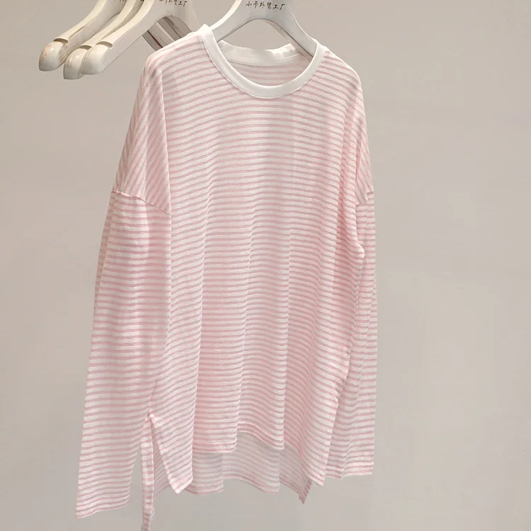 Korean Style Thin Stripe Ice Silk Breathable Loose Long Sleeve T-Shirt Women Summer Versatile Sun Protection Outdoor Cover up