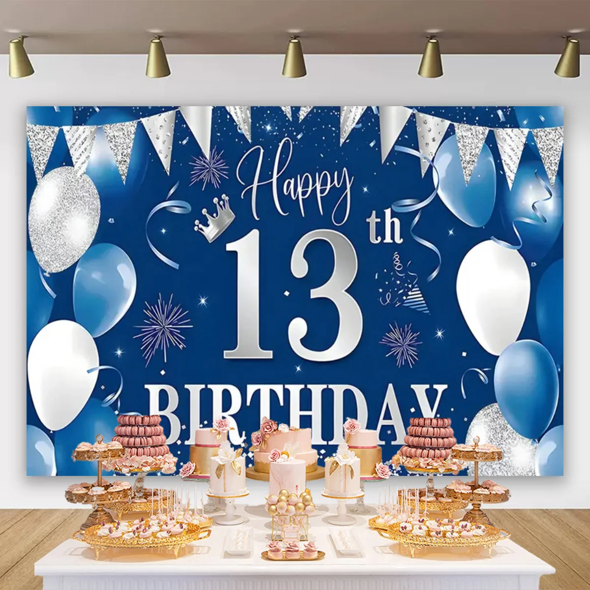 13th Birthday Party Backdrop for Photography Teenager Kids Boys Girls Happy 13 Years Old Gold Black Pink Blue Balloon Poster