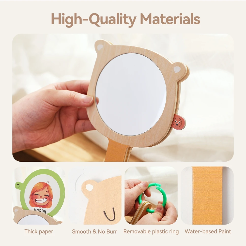 Giocattolo Montessori Cognizione emotiva del bambino Specchio del fumetto Apprendimento dell'espressione facciale per la carta di espressione emotiva dei neonati