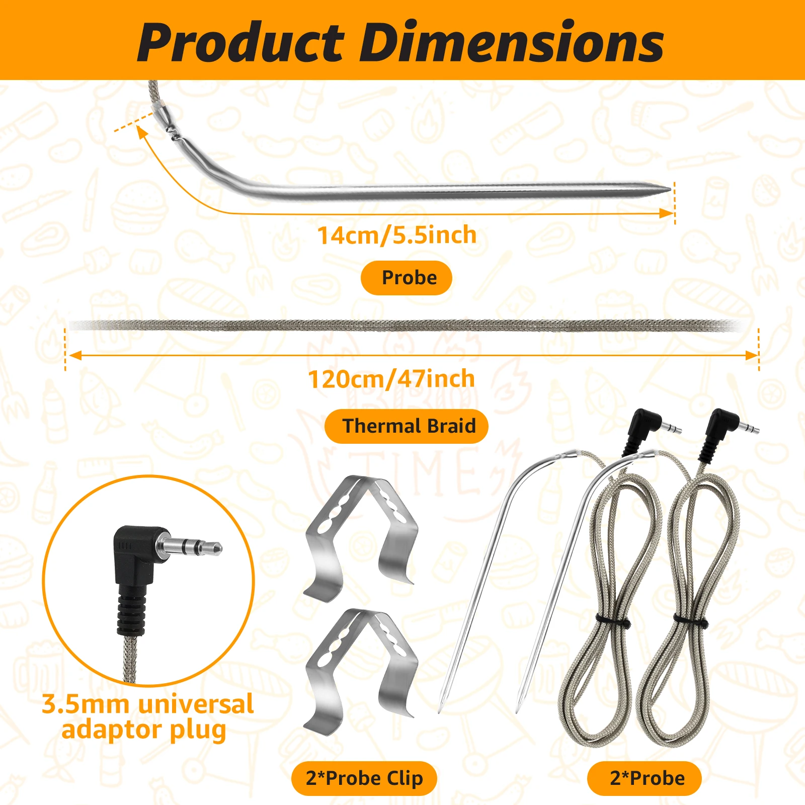 2/4Pcs Replacement Meat Probe 2 Probe Clips Stainless Steel Plug Temperature Probe Precise High Temperature Meat Probe Food