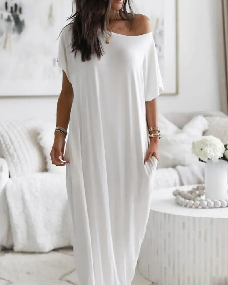 Summer Home Long Dress Comfortable Casual Sexy One-shoulder Bat-sleeve Dress Women's Short-sleeved Long Dress